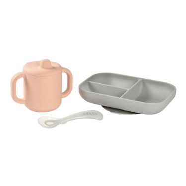 Beaba silikonski Set za jelo sa šalicom i žlicom pink